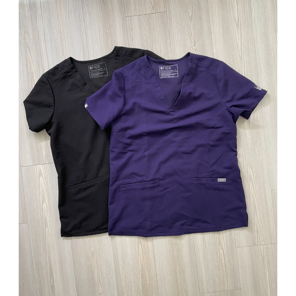 Figs Bundle of Two Scrub Tops Black and Purple with Skeleton Embroidery Size S